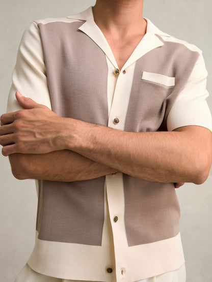 Colour-Block Cuban-Collar Knit Shirt in Taupe Brown/Light Stone Men | Reiss