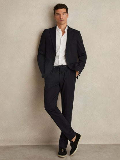 Slim Fit Jersey Drawstring Suit Trousers in Navy Men | Reiss