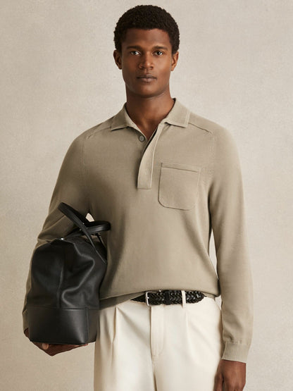 Cotton Concealed Placket Polo Shirt in Light Sage Green Men | Reiss