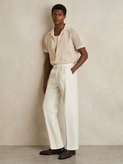 Wool-Blend Belted Pleated Trousers Regular-Fit in White Men | Reiss