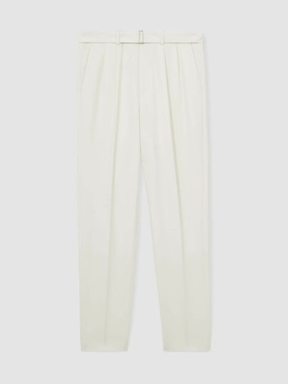 Wool-Blend Belted Pleated Trousers Regular-Fit in White Men | Reiss