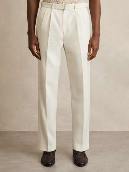 Wool-Blend Belted Pleated Trousers Regular-Fit in White Men | Reiss