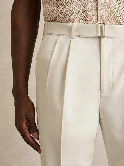 Wool-Blend Belted Pleated Trousers Regular-Fit in White Men | Reiss