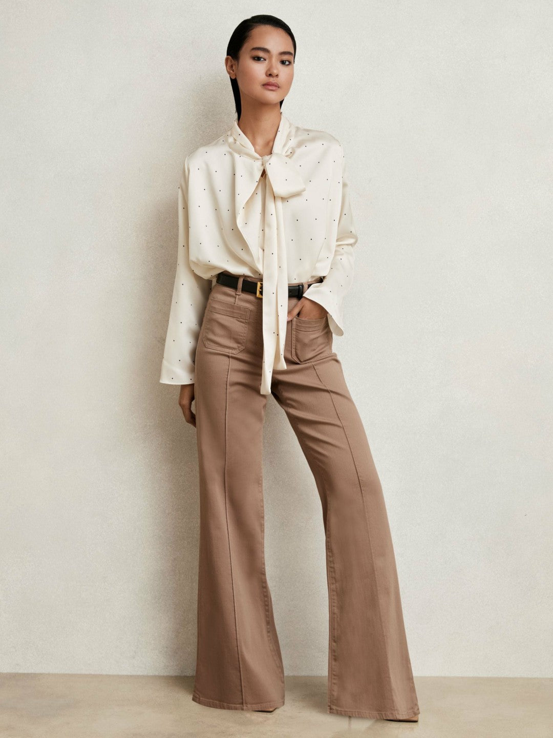 Satin Polka Dot Tie Neck Blouse in Ivory Women | Reiss