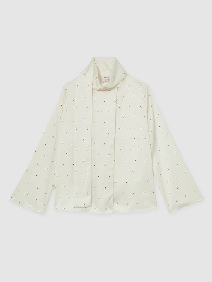 Satin Polka Dot Tie Neck Blouse in Ivory Women | Reiss