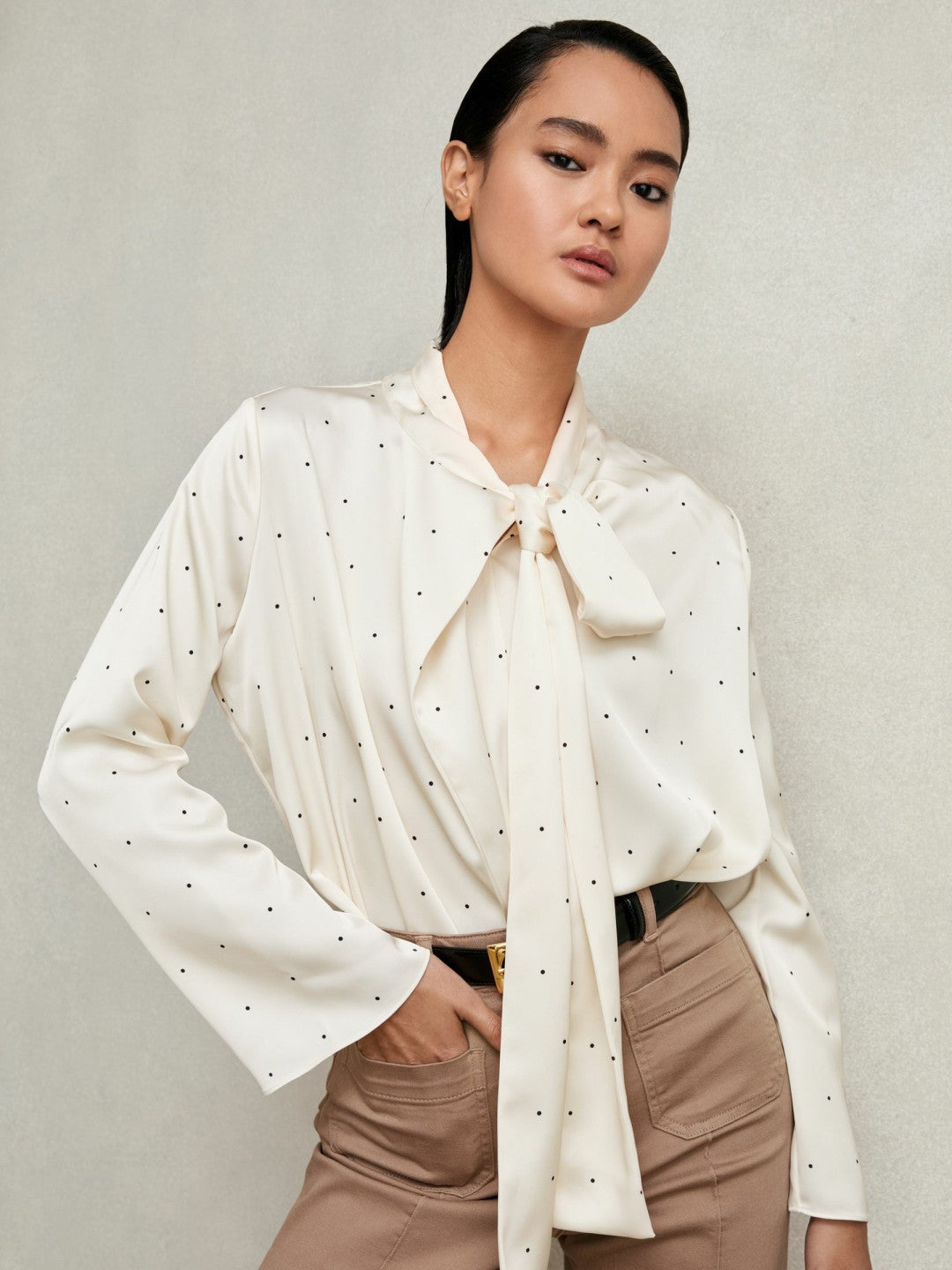 Satin Polka Dot Tie Neck Blouse in Ivory Women | Reiss