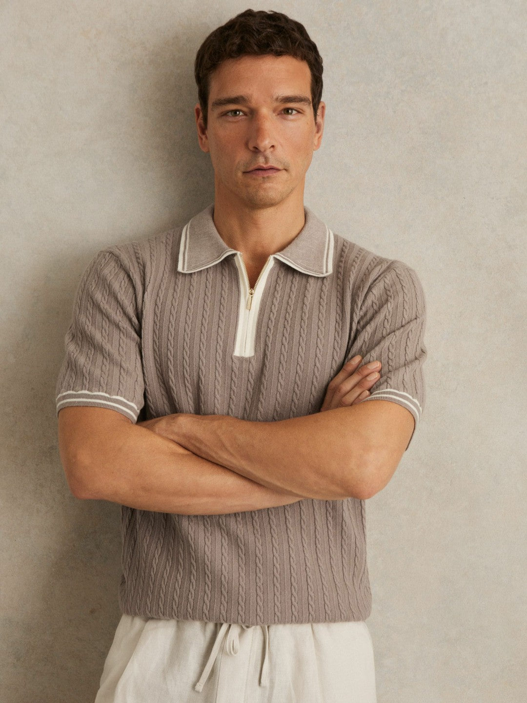 Micro-Cable Half-Zip Polo Shirt in Light Taupe Brown Men | Reiss