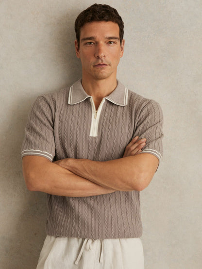 Micro-Cable Half-Zip Polo Shirt in Light Taupe Brown Men | Reiss