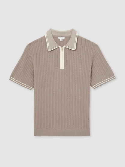 Micro-Cable Half-Zip Polo Shirt in Light Taupe Brown Men | Reiss