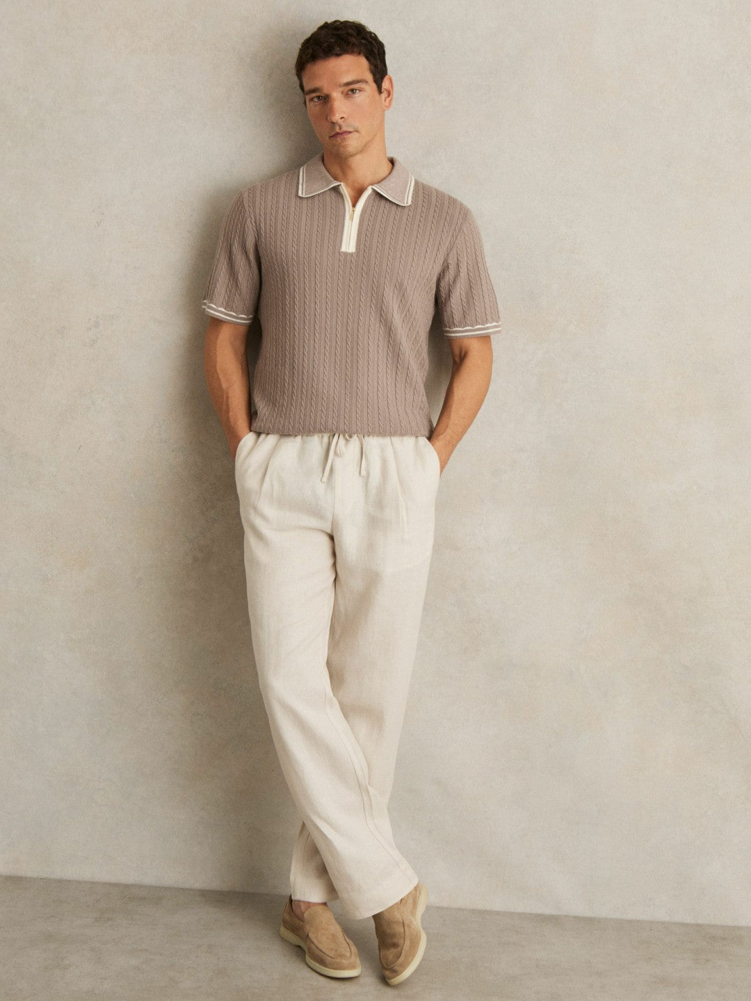 Micro-Cable Half-Zip Polo Shirt in Light Taupe Brown Men | Reiss