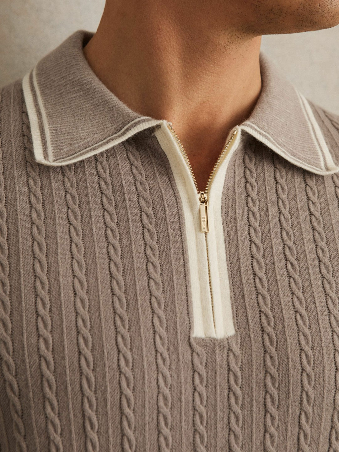 Micro-Cable Half-Zip Polo Shirt in Light Taupe Brown Men | Reiss