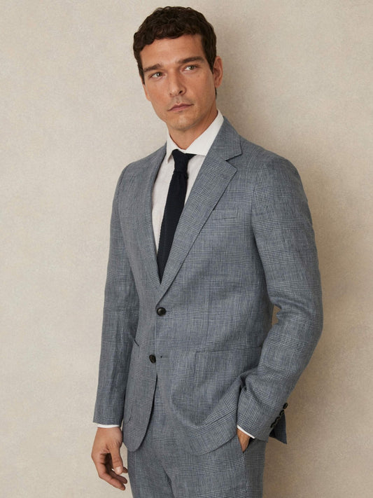 Slim Fit Single Breasted Linen Check Suit Blazer in Soft Blue Men | Reiss
