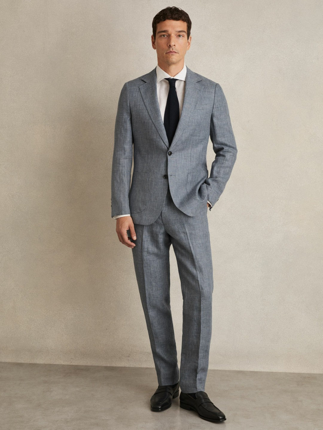 Slim Fit Single Breasted Linen Check Suit Blazer in Soft Blue Men | Reiss