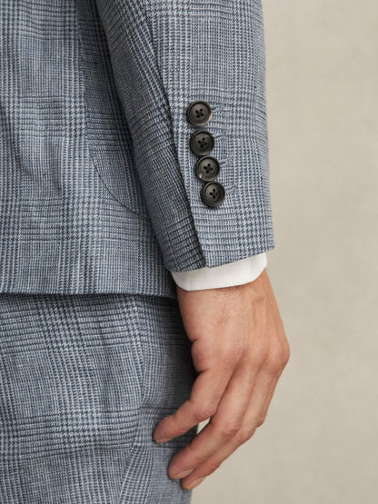 Slim Fit Single Breasted Linen Check Suit Blazer in Soft Blue Men | Reiss