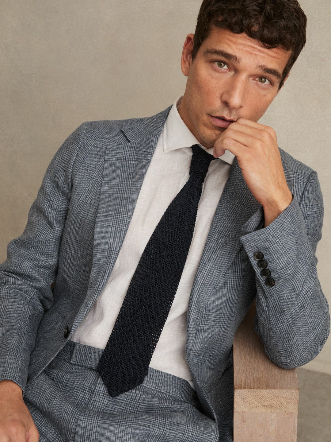 Slim Fit Single Breasted Linen Check Suit Blazer in Soft Blue Men | Reiss