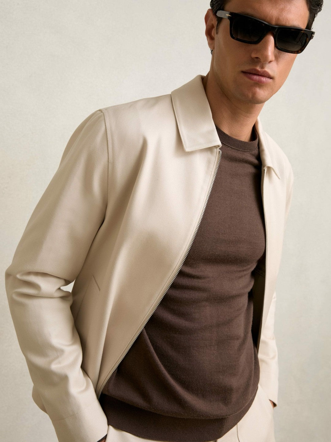 Lyocell-Cotton Zip-Through Twill Jacket in Ecru Men | Reiss