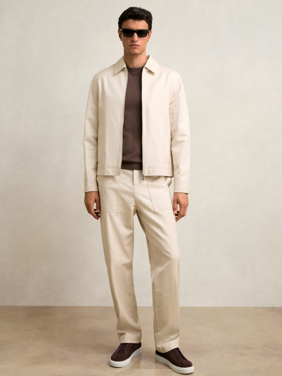 Lyocell-Cotton Zip-Through Twill Jacket in Ecru Men | Reiss