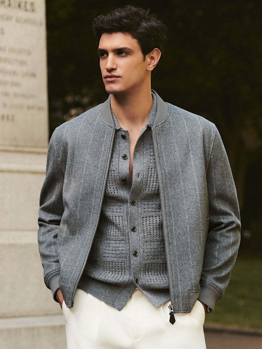 Wool-Blend Chalk-Stripe Bomber Jacket in Grey Men | Reiss