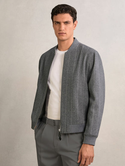 Wool-Blend Chalk-Stripe Bomber Jacket in Grey Men | Reiss