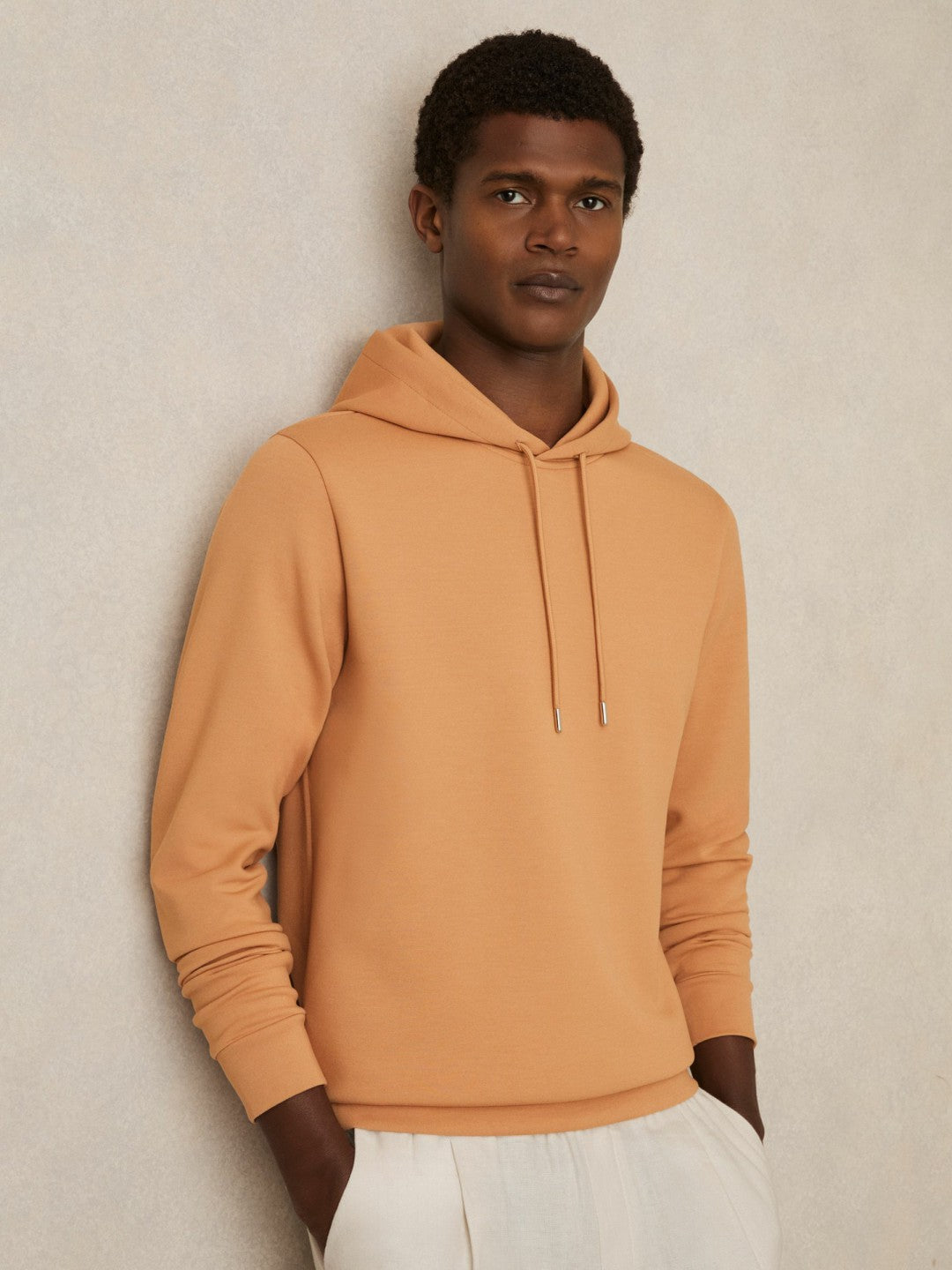 Interlock Jersey Drawstring Hoodie in Light Camel Brown Men | Reiss