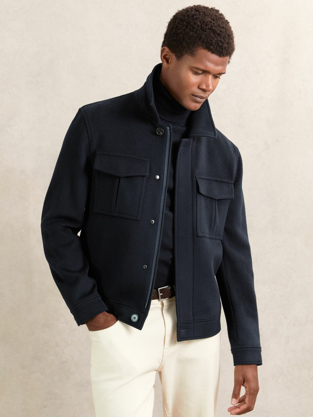 Wool Blend Twin Pocket Zipped Jacket in Navy Men | Reiss