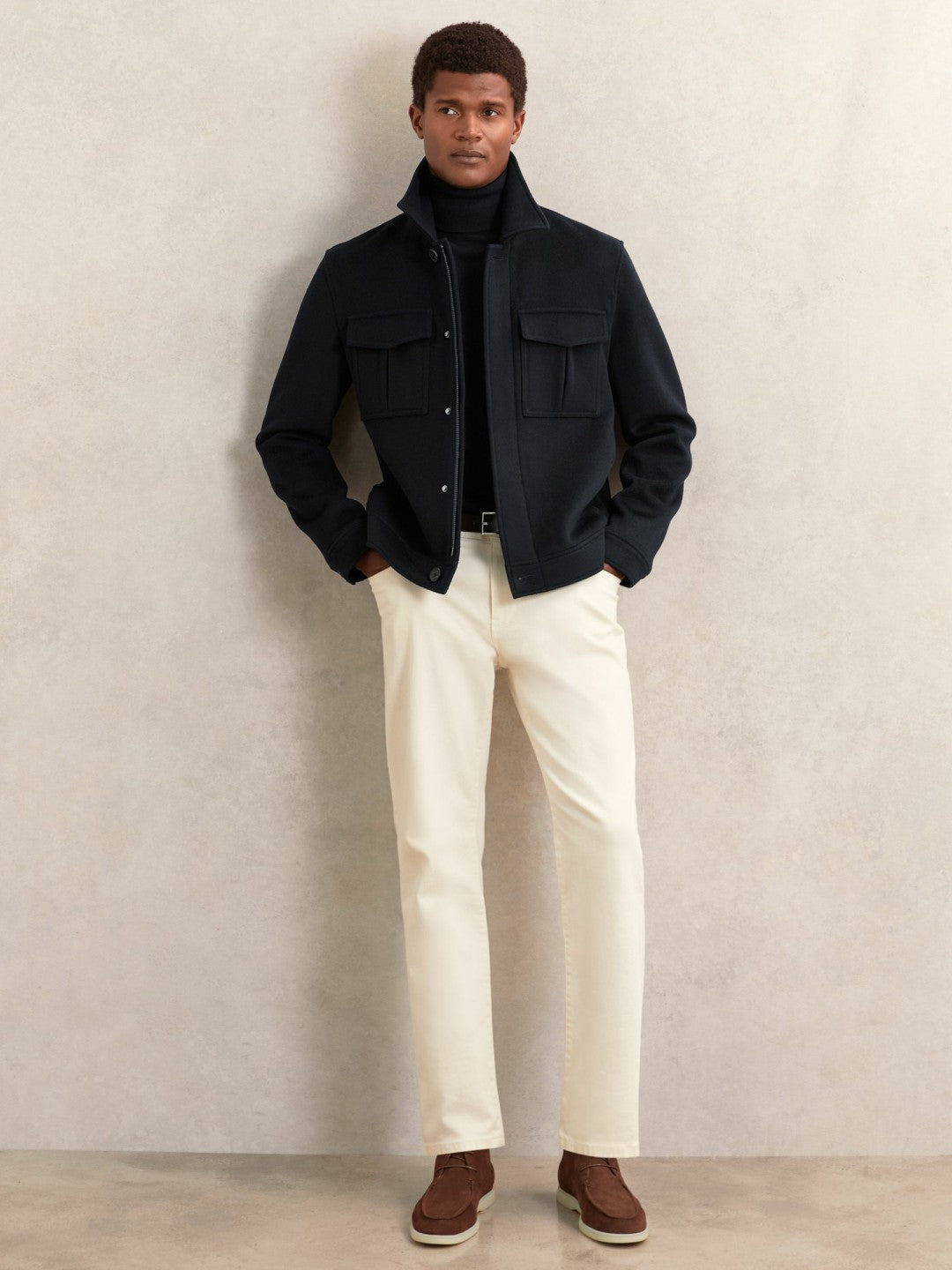 Wool Blend Twin Pocket Zipped Jacket in Navy Men | Reiss