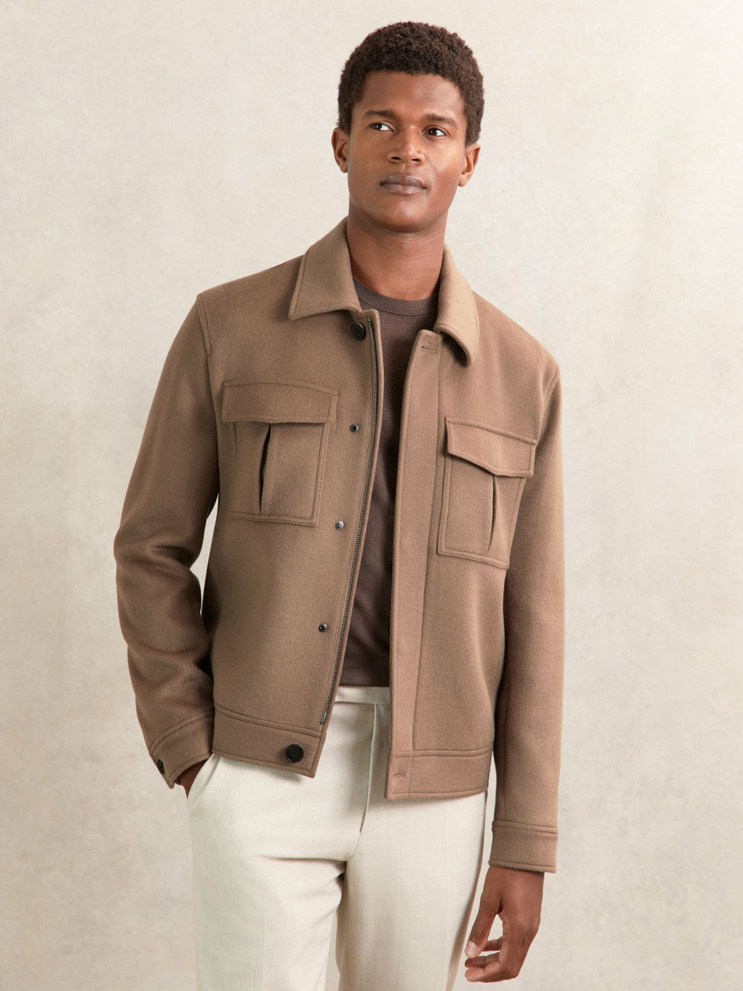 Wool Blend Twin Pocket Zipped Jacket in Dark Brown Men | Reiss