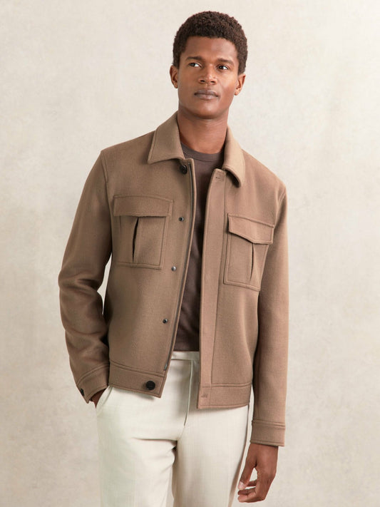 Wool Blend Twin Pocket Zipped Jacket in Dark Brown Men | Reiss