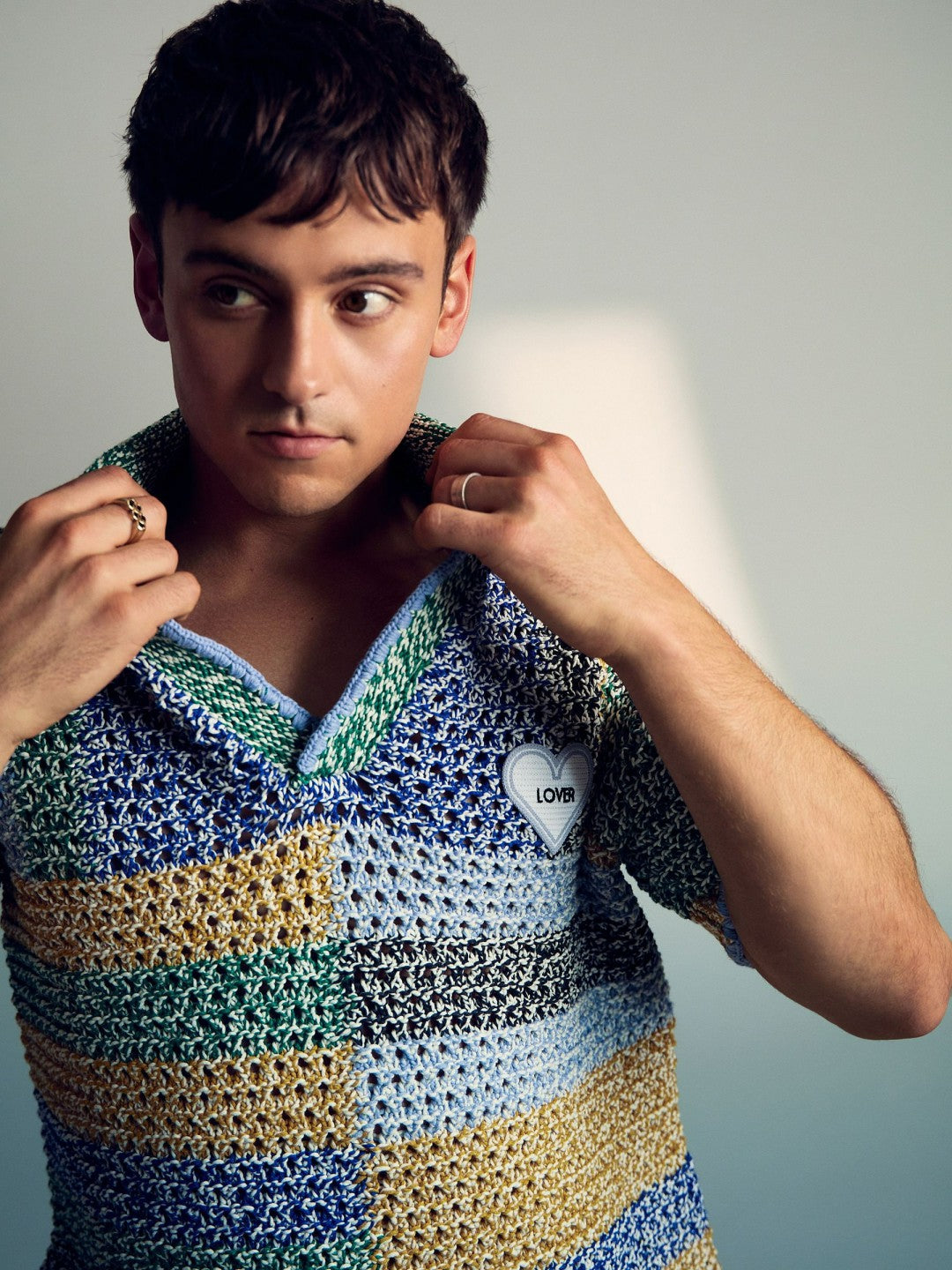 | Tom Daley Crochet Polo Shirt in Yellow/Green/Blue Multi Men | Reiss