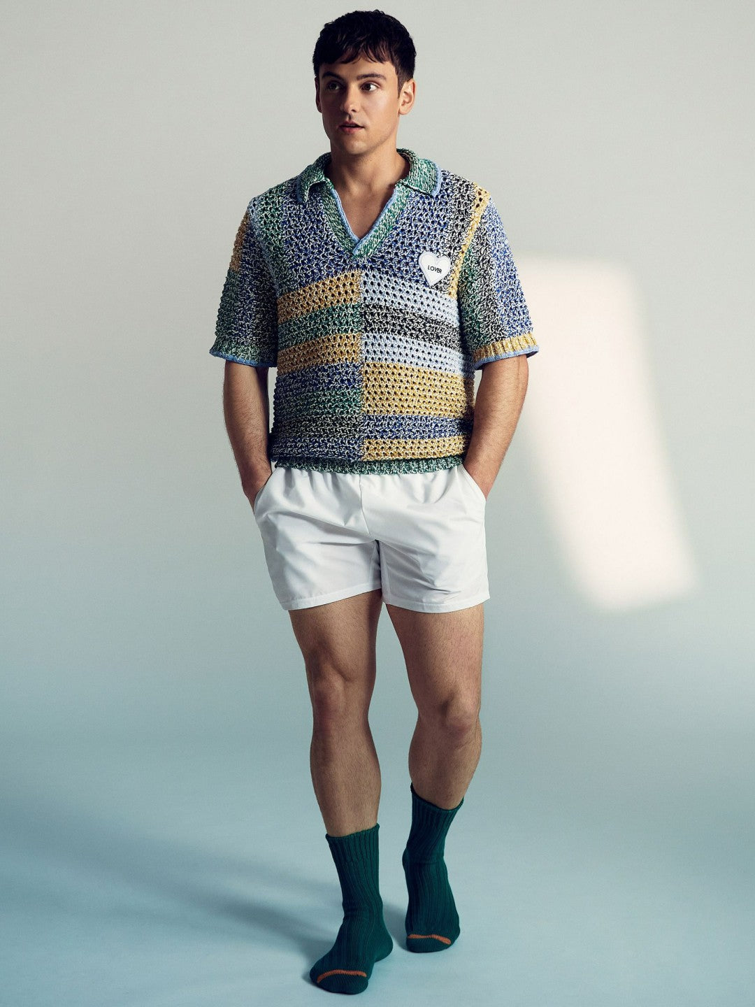 | Tom Daley Crochet Polo Shirt in Yellow/Green/Blue Multi Men | Reiss
