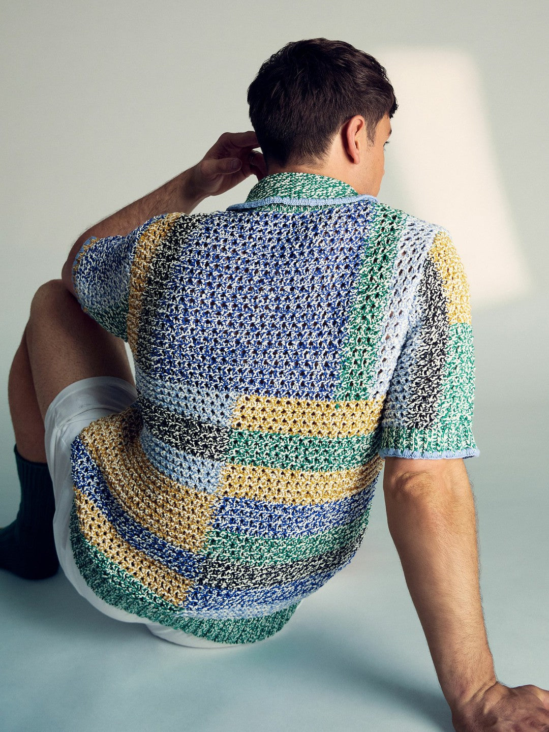 | Tom Daley Crochet Polo Shirt in Yellow/Green/Blue Multi Men | Reiss