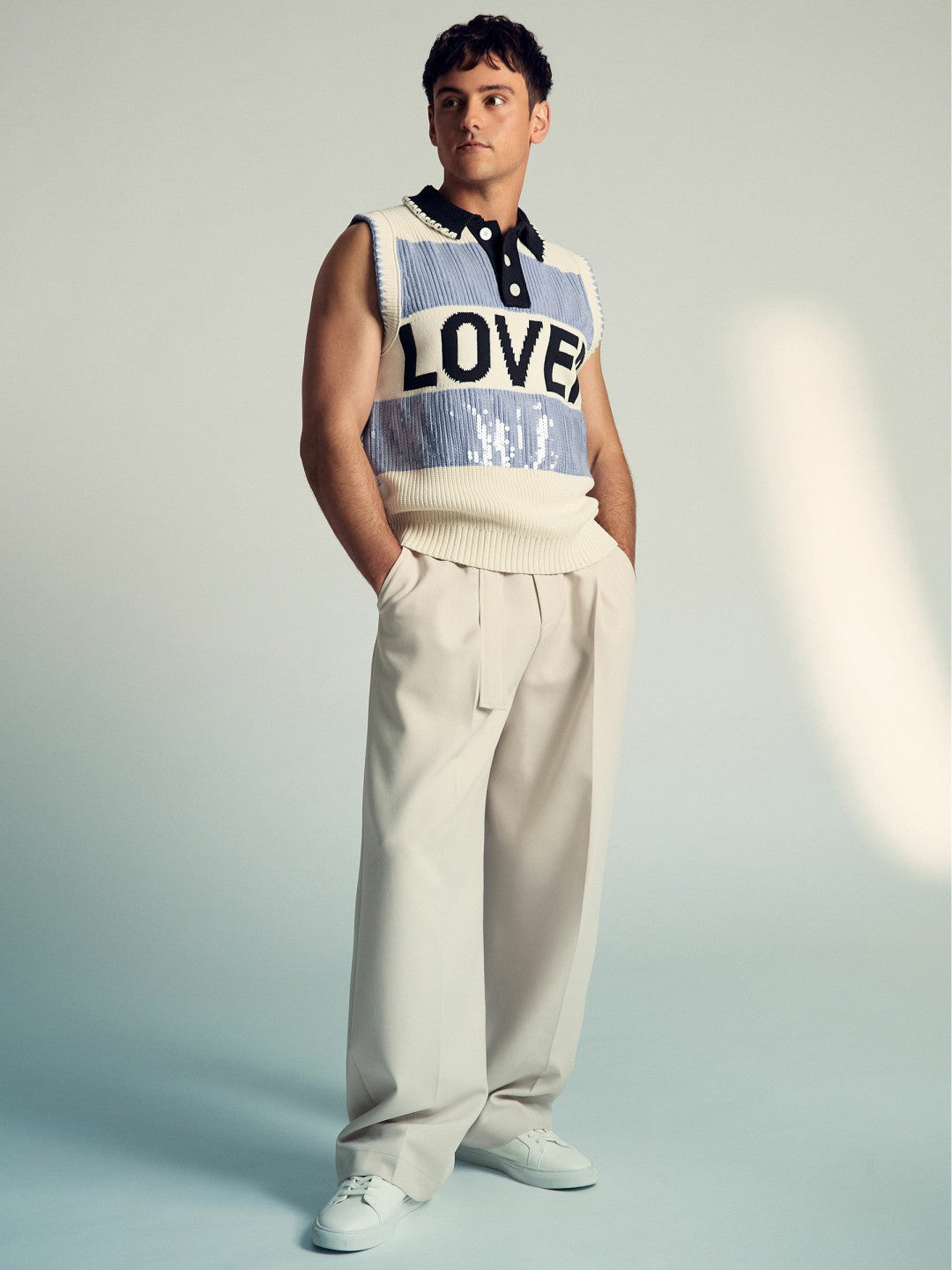 | Tom Daley Stripe Polo Vest in Soft Blue Men | Reiss