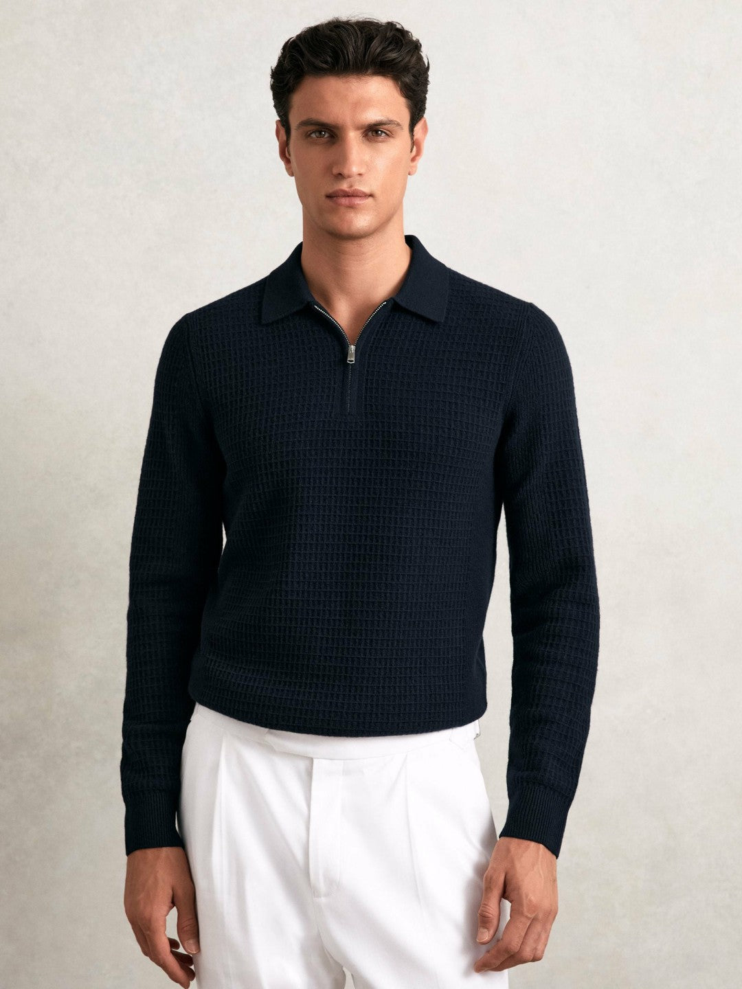 Wool Waffle-Knit Half-Zip Polo Shirt in Navy Men | Reiss