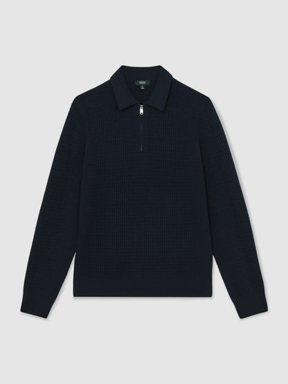 Wool Waffle-Knit Half-Zip Polo Shirt in Navy Men | Reiss