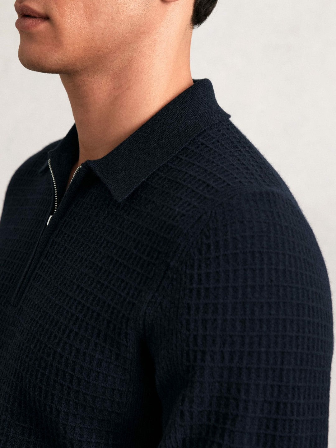 Wool Waffle-Knit Half-Zip Polo Shirt in Navy Men | Reiss