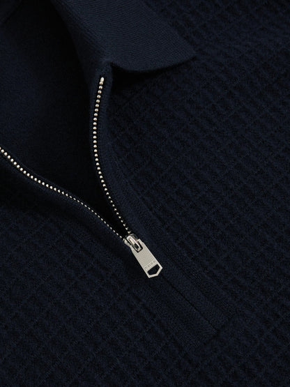Wool Waffle-Knit Half-Zip Polo Shirt in Navy Men | Reiss
