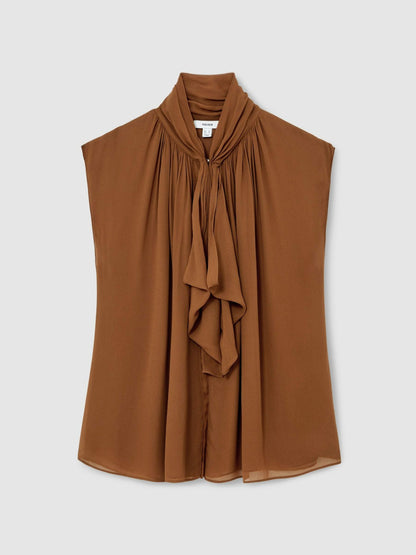 Crepe-Chiffon Ruffle Sleeveless Top in Tan Brown Women | Reiss