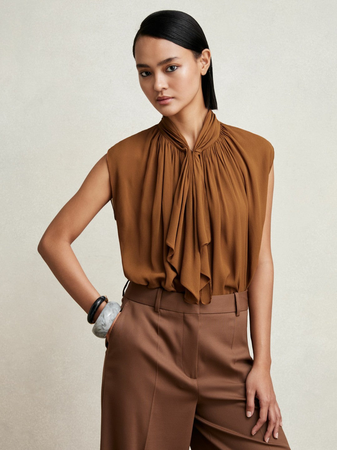 Crepe-Chiffon Ruffle Sleeveless Top in Tan Brown Women | Reiss