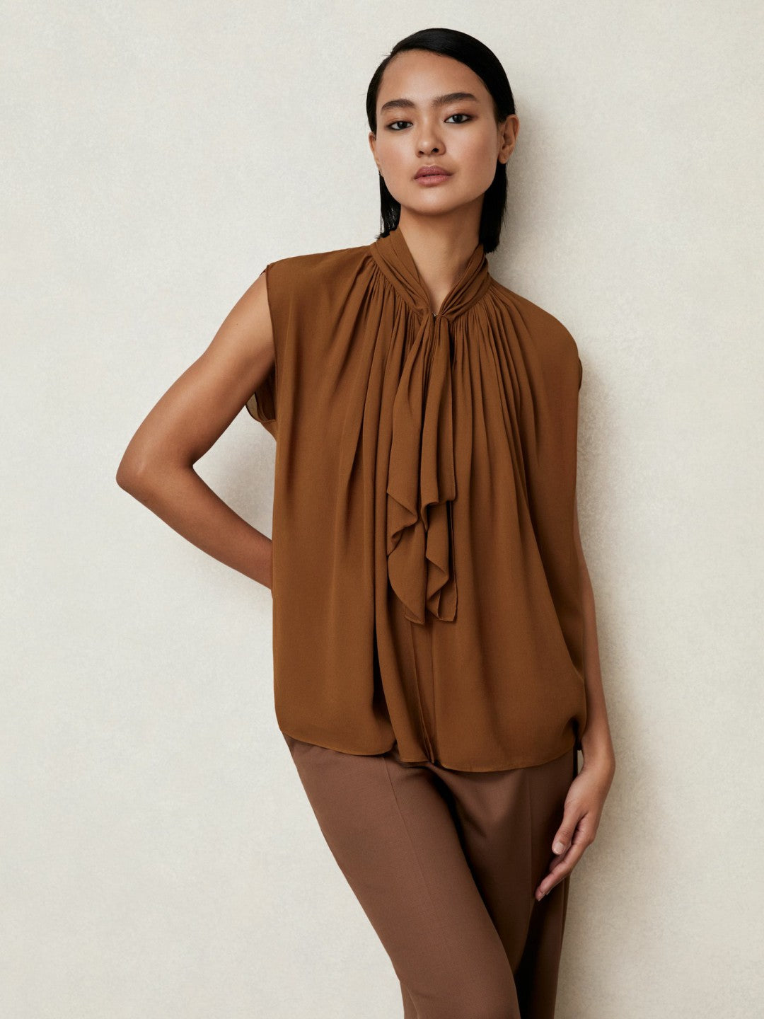 Crepe-Chiffon Ruffle Sleeveless Top in Tan Brown Women | Reiss