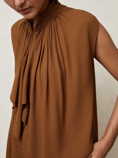 Crepe-Chiffon Ruffle Sleeveless Top in Tan Brown Women | Reiss
