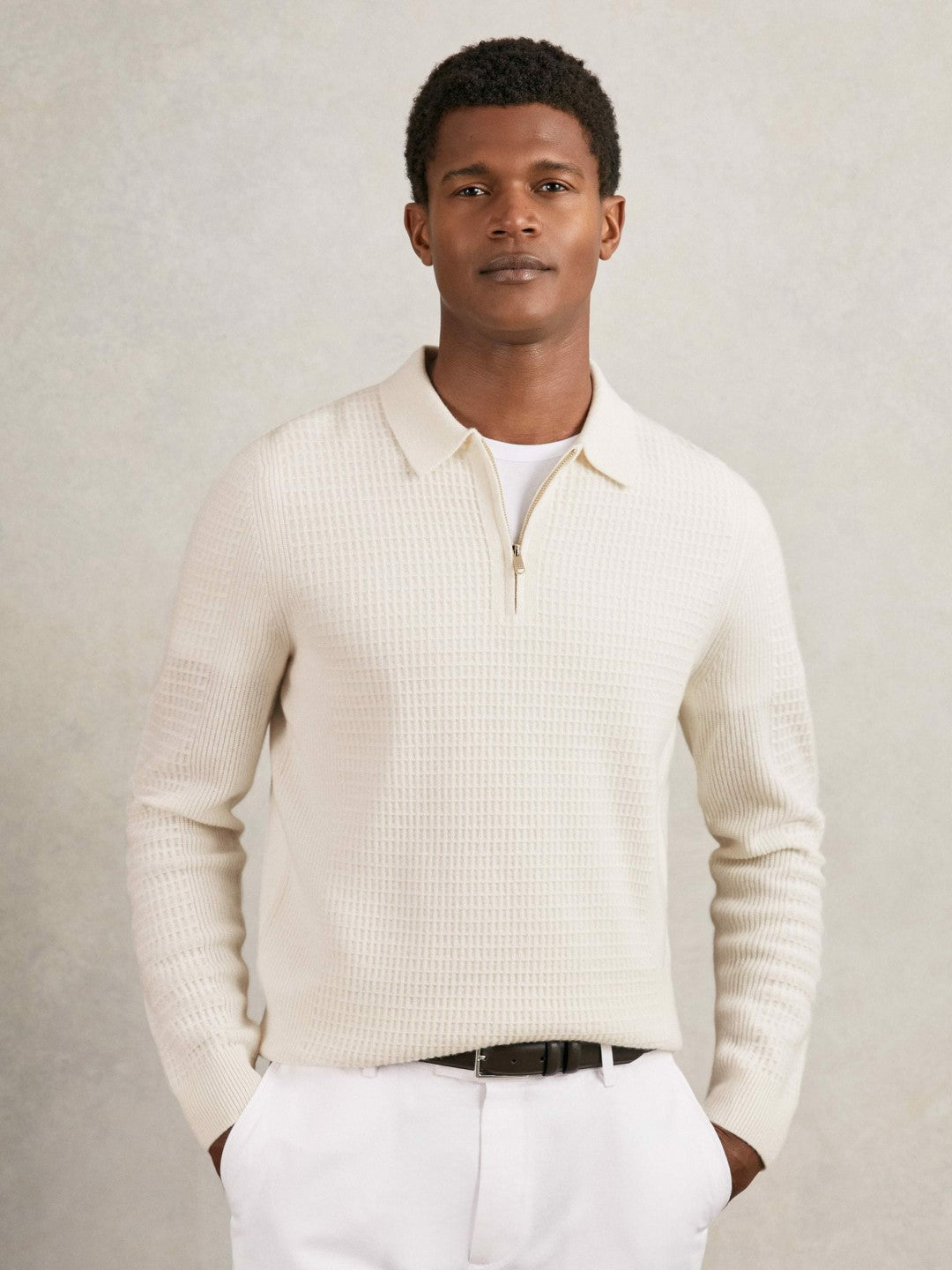 Wool Waffle-Knit Half-Zip Polo Shirt in Off White Men | Reiss