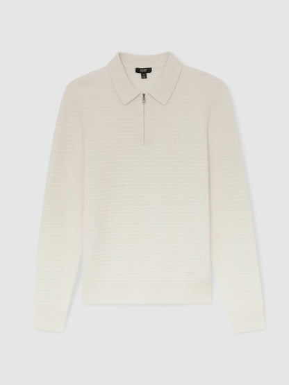 Wool Waffle-Knit Half-Zip Polo Shirt in Off White Men | Reiss