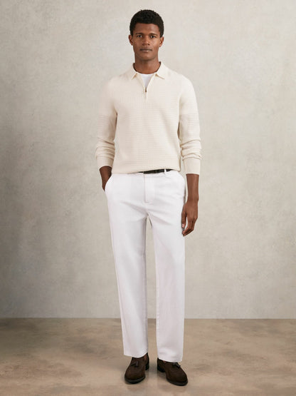 Wool Waffle-Knit Half-Zip Polo Shirt in Off White Men | Reiss