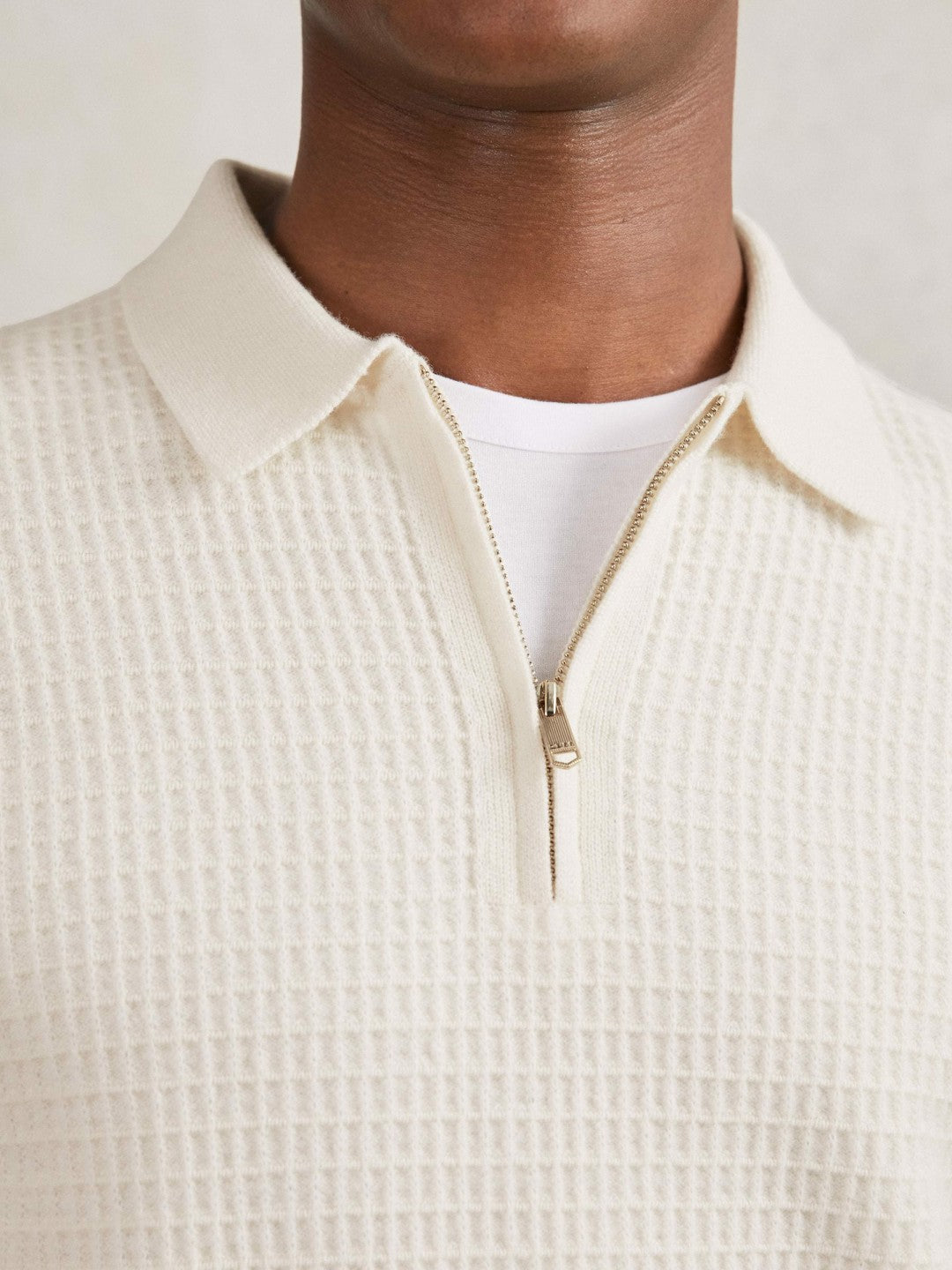 Wool Waffle-Knit Half-Zip Polo Shirt in Off White Men | Reiss