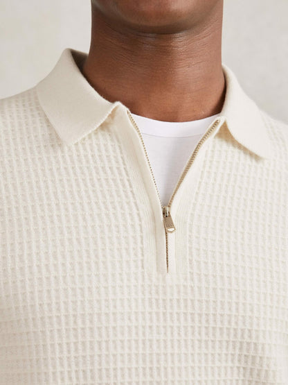 Wool Waffle-Knit Half-Zip Polo Shirt in Off White Men | Reiss