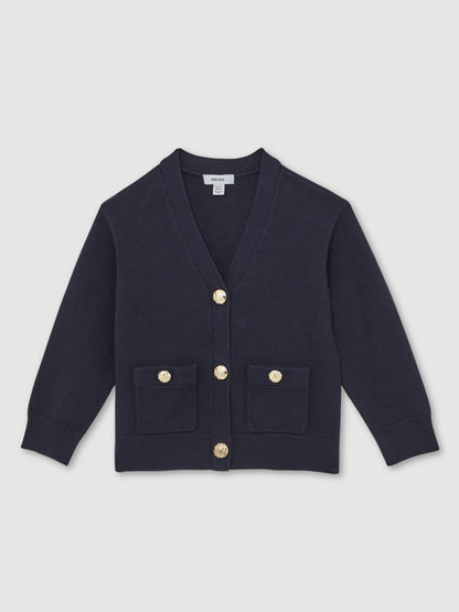 13-14 yrs Knitted Embossed-Button Cardigan in Navy Children & Baby | Reiss