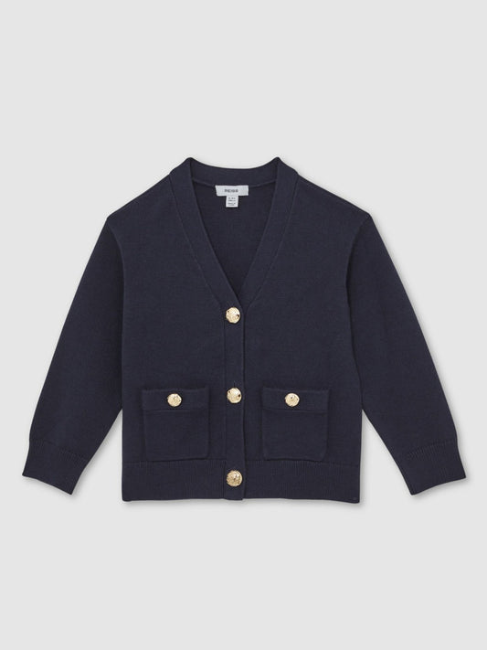 13-14 yrs Knitted Embossed-Button Cardigan in Navy Children & Baby | Reiss