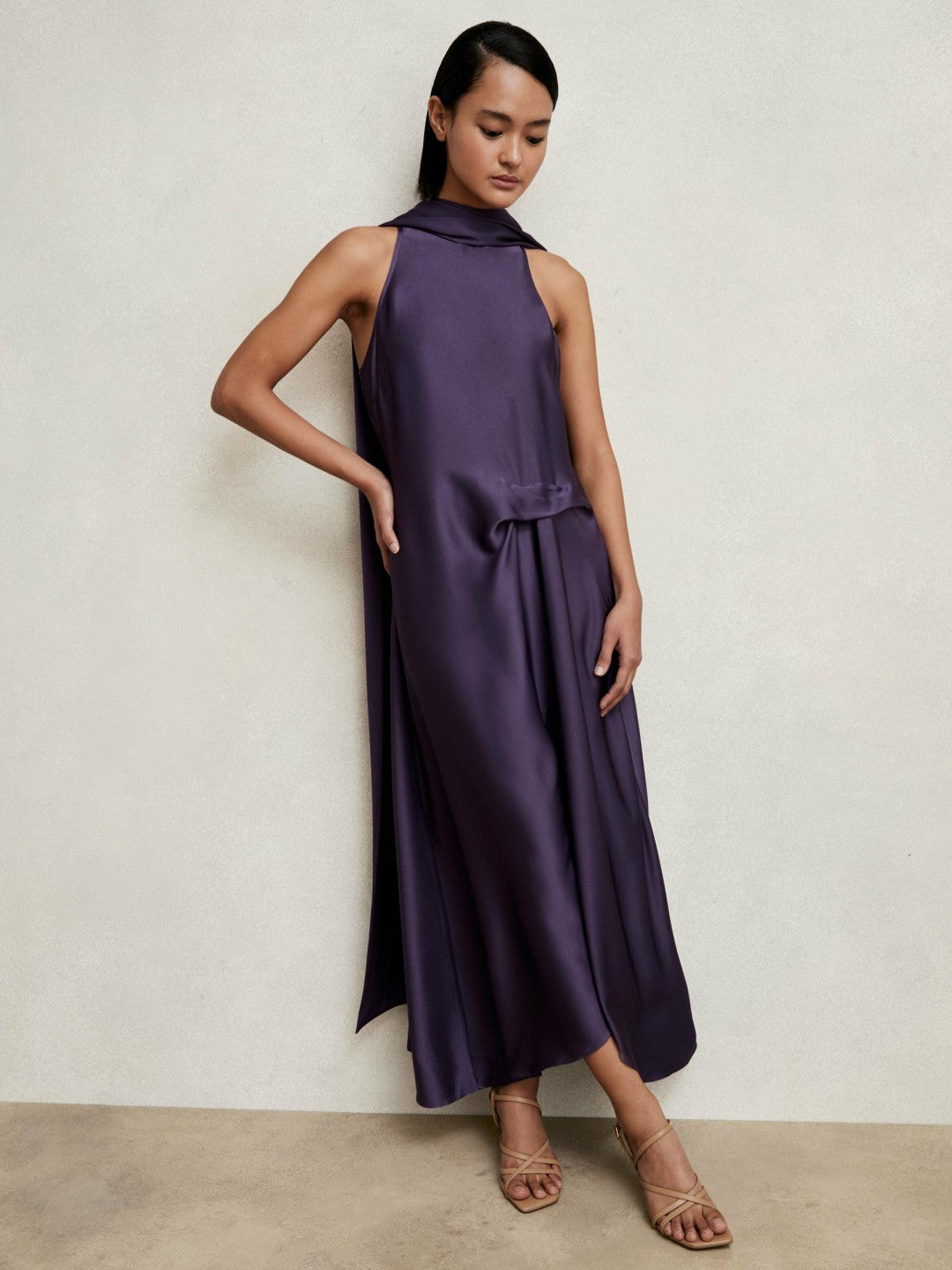 Petite Satin Tuck-Detail Cape Midi Dress in Purple Women | Reiss