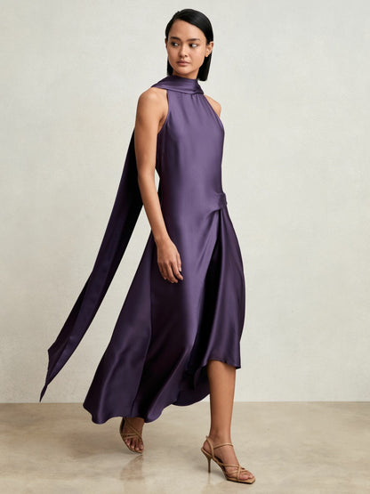 Petite Satin Tuck-Detail Cape Midi Dress in Purple Women | Reiss