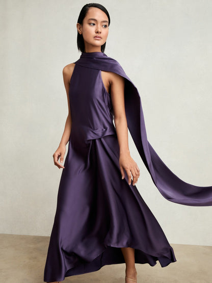 Petite Satin Tuck-Detail Cape Midi Dress in Purple Women | Reiss